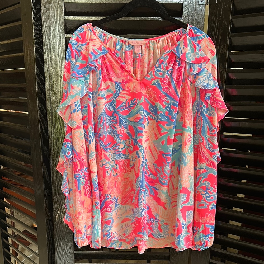 Lilly Pulitzer Elsa Silk Ruffled Pink and Blue Blouse